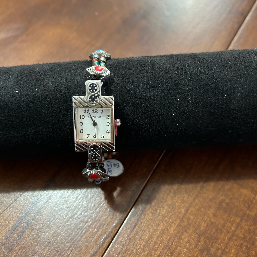 Geneva new Silver and Black Women's Watch with Red Accents beads